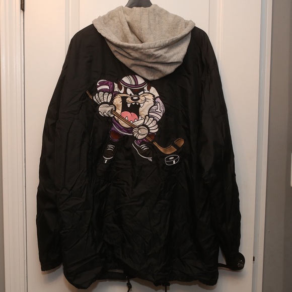 Vintage 90s Taz Looney Tunes WB Jacket Black Full Zip Hood Hockey - Picture 1 of 6